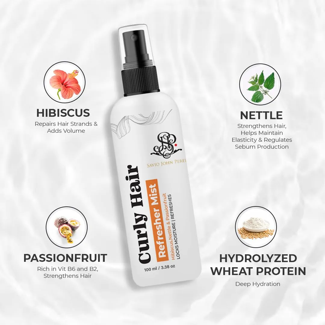 Curly Hair Refresher Mist | Curly hair products | Instantly Refreshes Curls | Adds Hydration | Hair care | Hair style tools | Minimizes Frizz By Savio John Pereira - 100 ml (Pack of 10)