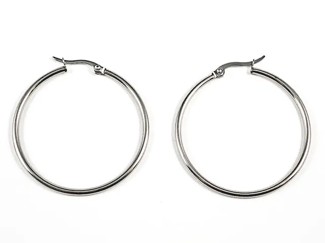 Delicate Thin 40 MM Hoop Silver Tone Steel Earrings