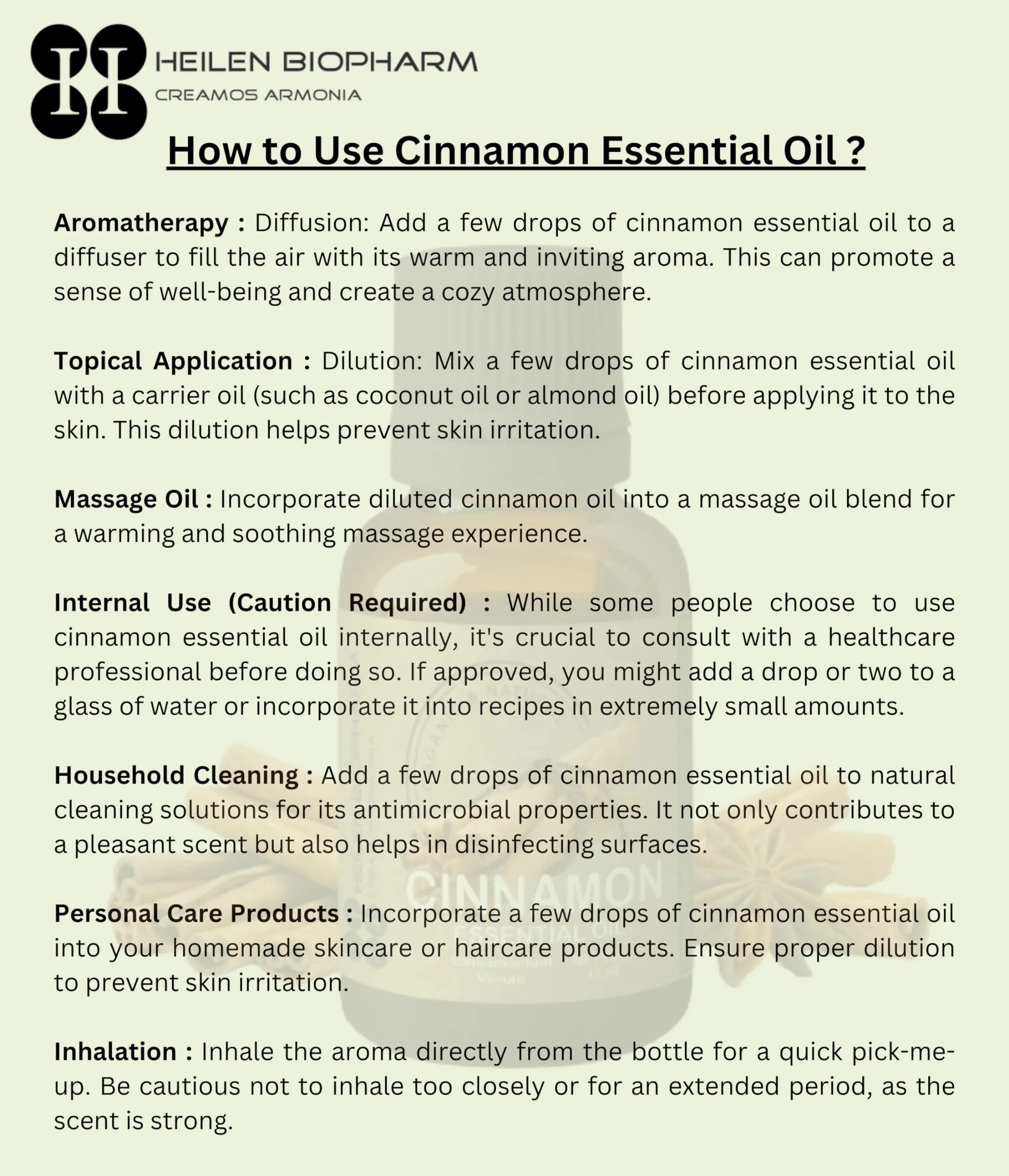 Heilen Biopharm Cinnamon Essential Oils - 15 mL Per Bottle Pack of 1, For Aromatherapy & Digestive support