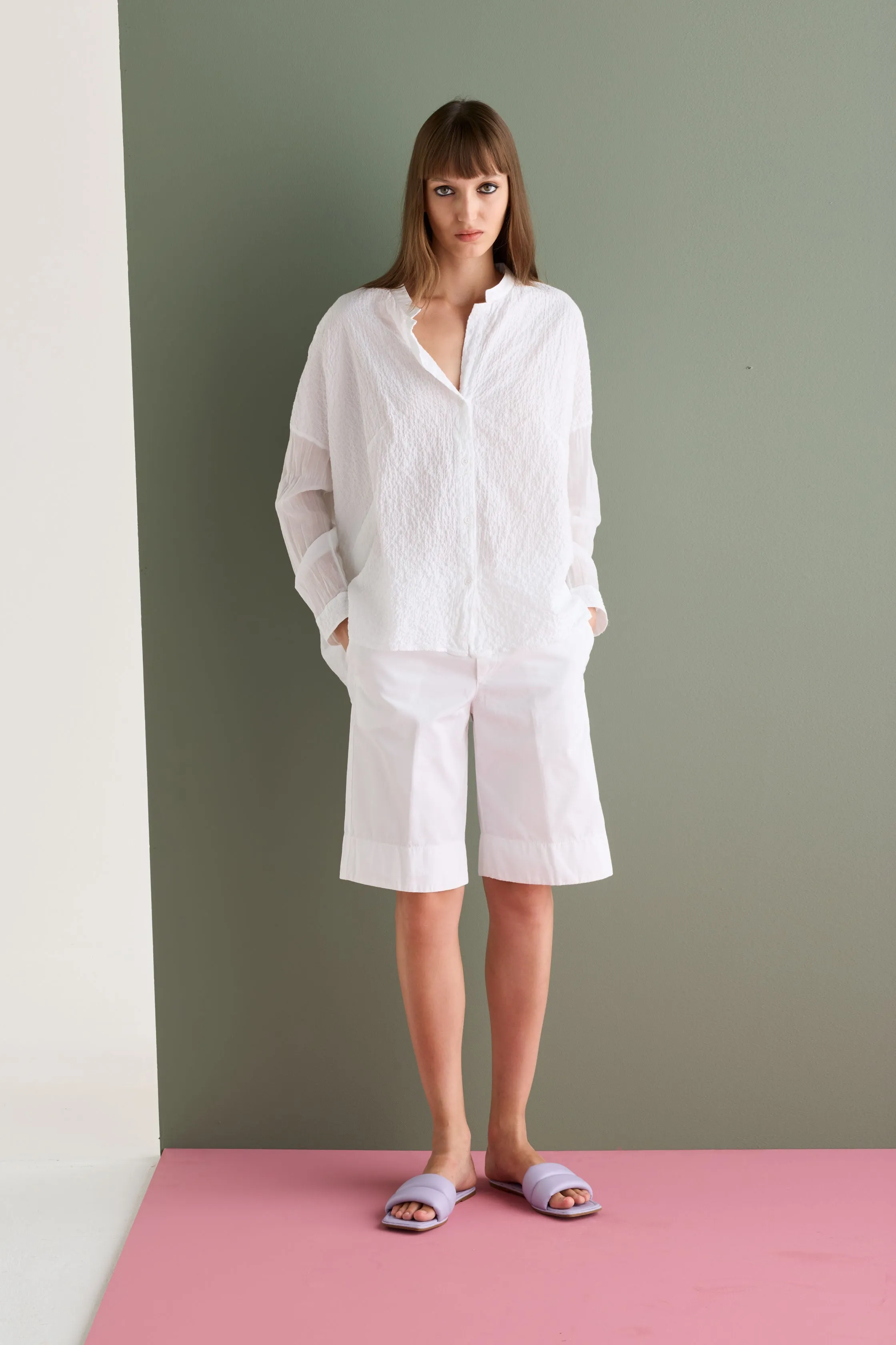 Long Sleeve Shirt with Mandarin Collar Garment Dyed 67XU 3259